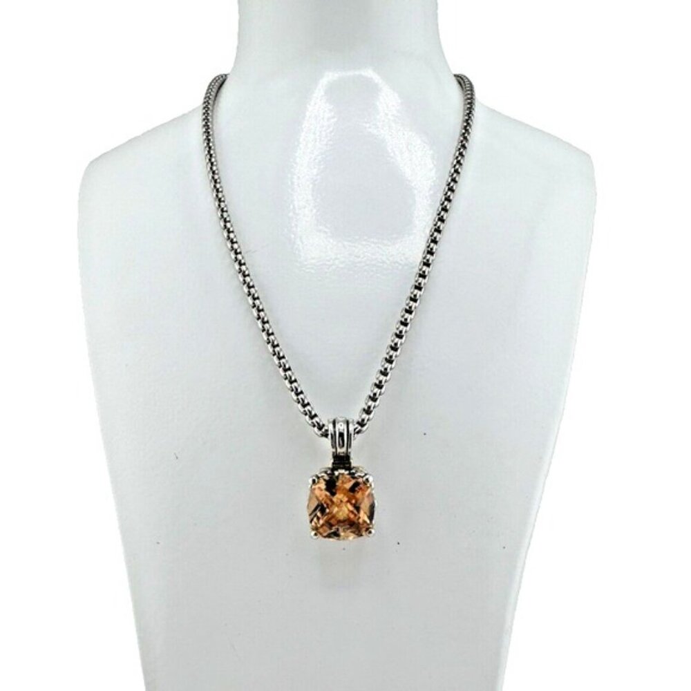 Facet Cut 20 Carat Citrine Color CZ Silver Tone Filigree Pendant Necklace - Picture 2 of 9